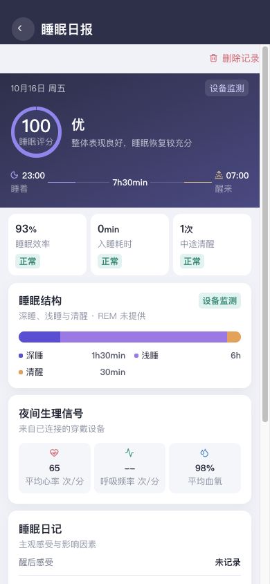 图6 设备睡眠日报展示来源、时长与睡眠结构。