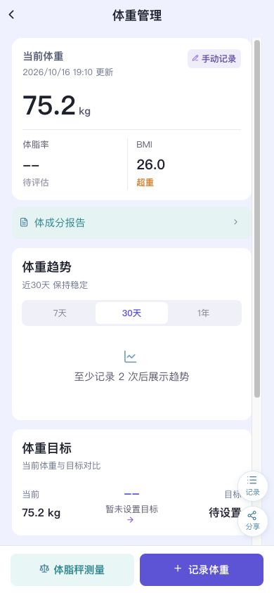 图2　体重管理中核对最新值与最近记录。